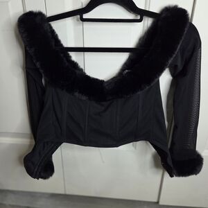 Discovery Black Faux Fur Trim Crop Top